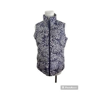 Lands End Women's Navy Floral Quilted Down Filled Zipper Puff Vest Size XS